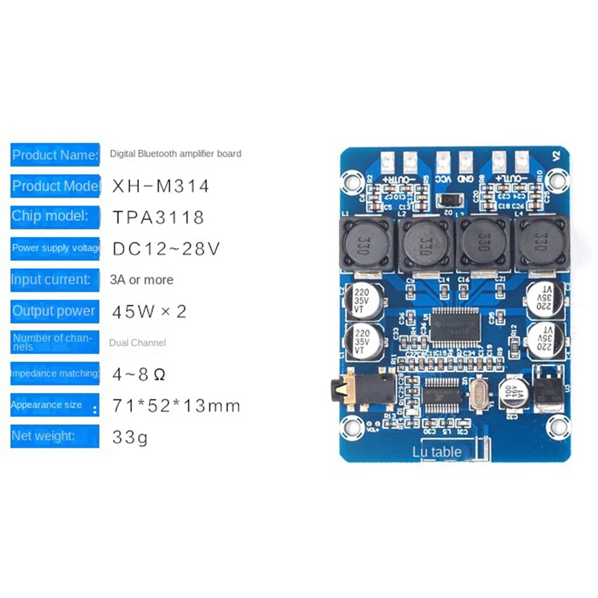 

B03B-XH-M314 Bluetooth Digital Power Amplifier Board TPA3118 Dual 45W Audio Module AUX Decoding