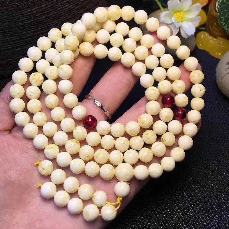 

Wax White Flowers 108 Beads Bracelet Necklace Natural Amber Beeswax Old Bangle Hand Jewelry Accessory Bangle Bracelets on Hand