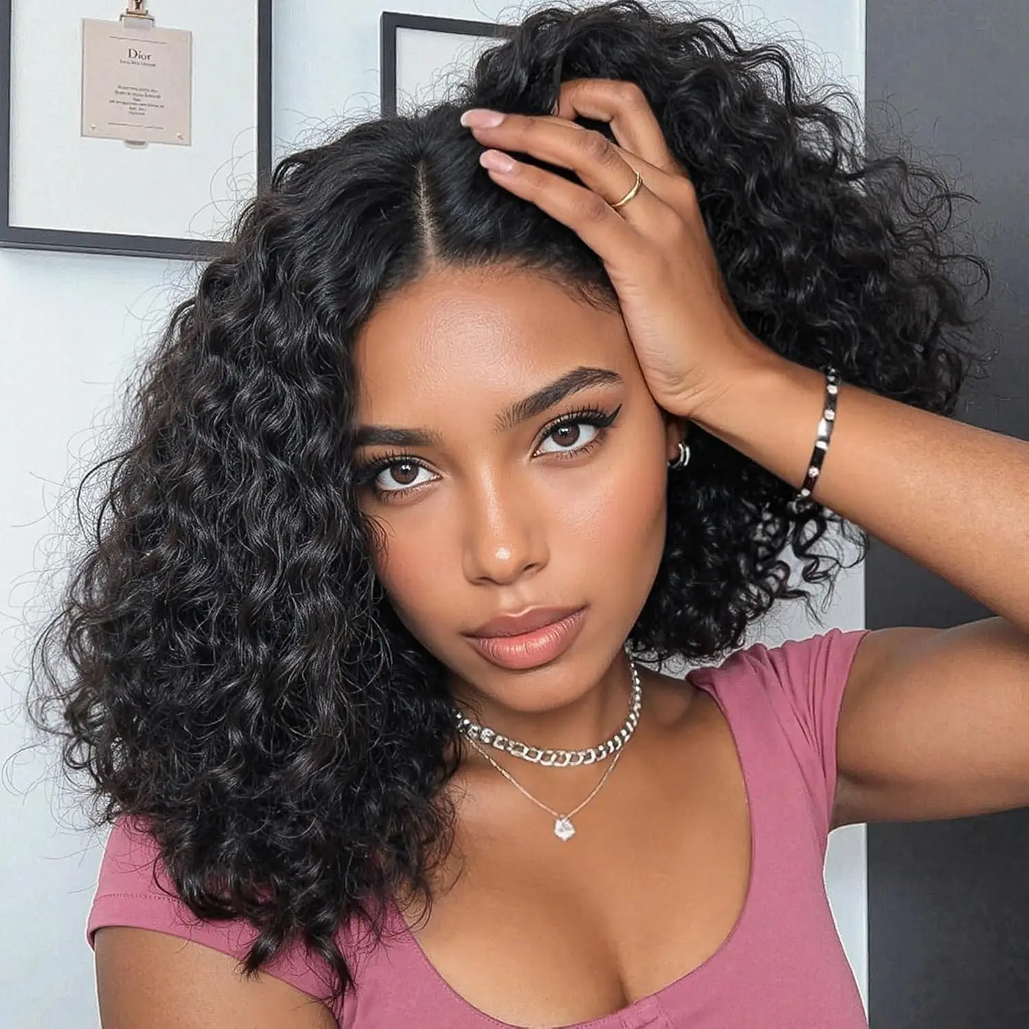

12inch 150% density 4x4 frontal lace wave short curly human hair wig black color daily party cosplay use remy hair
