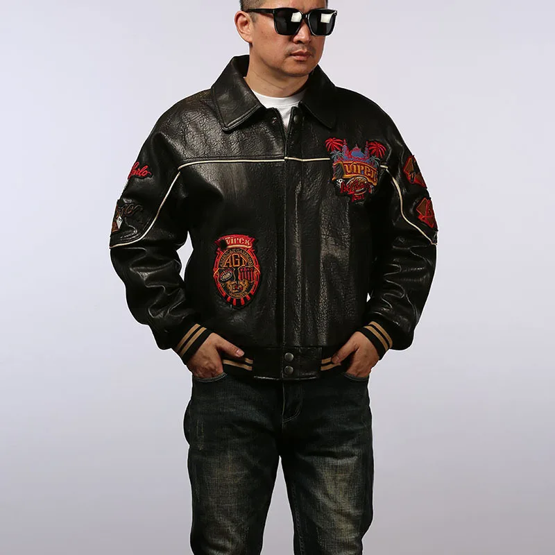 Men leather jacket sheepskin retro leisure Europe  the United States large size flight suit loose version casino poker warm coat