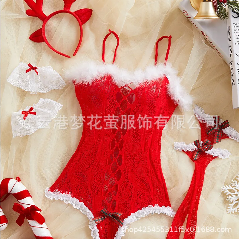 الملابس الداخلية المثيرة الجديدة ذات الحجم الكبير مثيرة ومثيرة فستان شبكي لعيد الميلاد وزي من قطعة واحدة أطقم مغرية ولطيفة