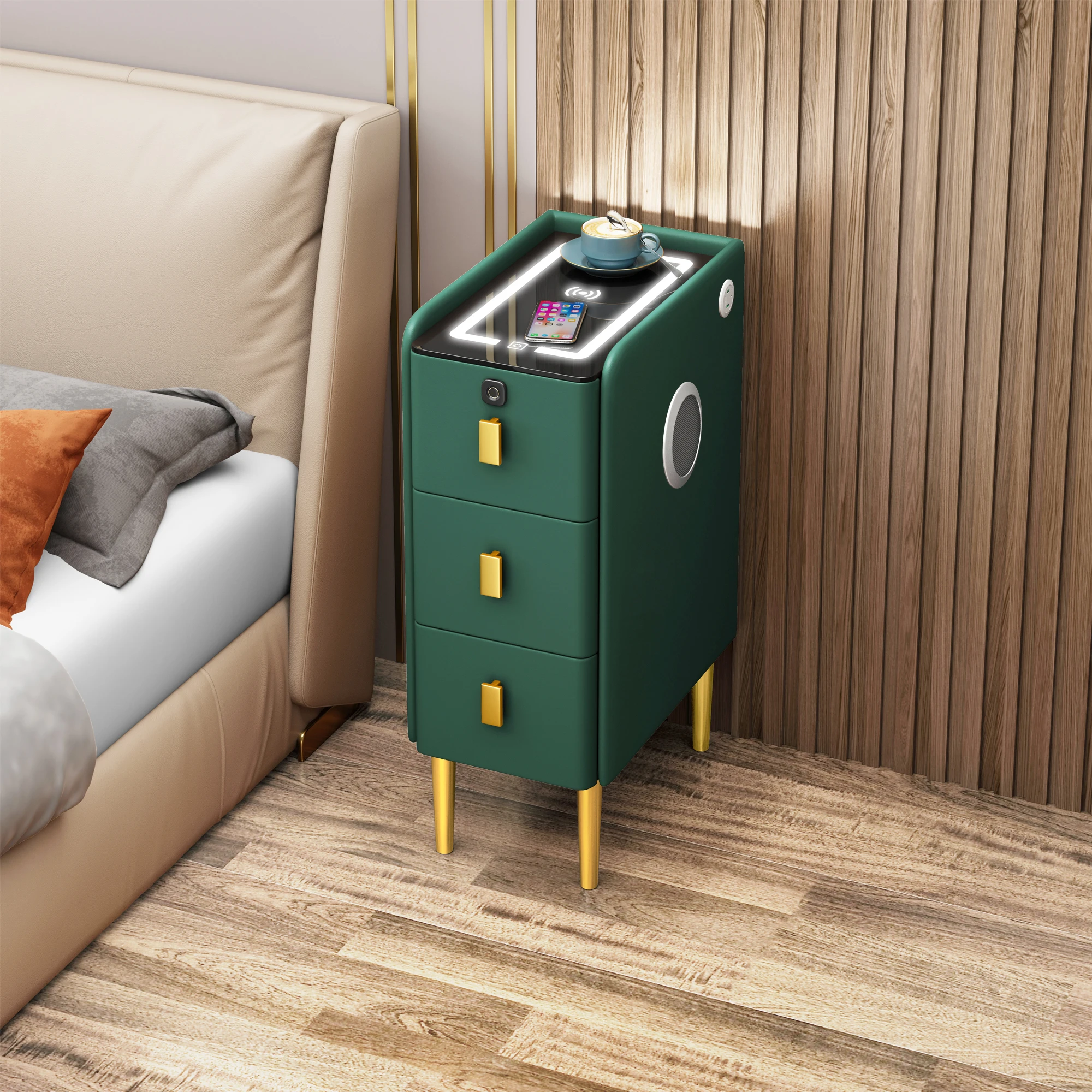 Modern Luxury Wood Smart 30cm Bedside Table With Led Light Fingerprint Wireless Charging Speakers Drawer Hotel Bedroom Furniture - view 4