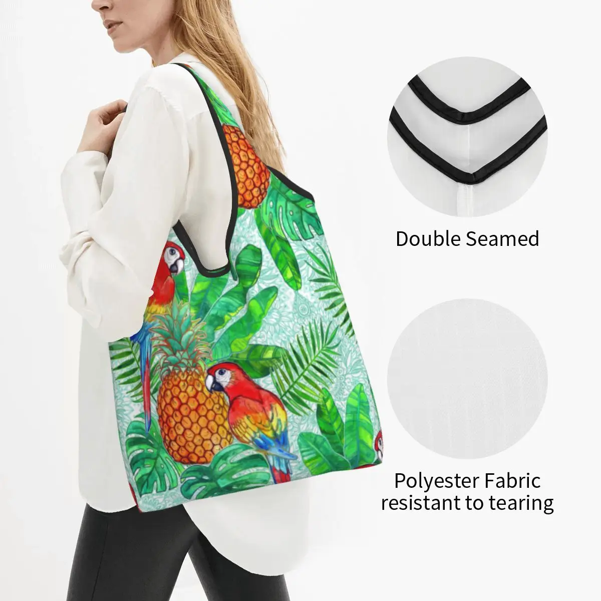 Custom Pineapples And Parrots Tropical Summer Pattern Shopping Bag Women Portable Big Capacity Groceries Birds Tote Shopper Bags