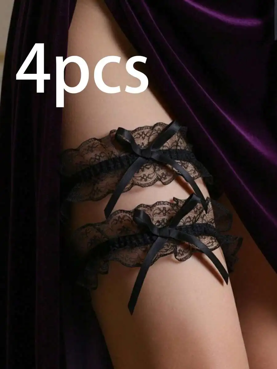 

2pcs/Set Sexy Black & Red Lace Leg Garter, Women Elastic Thigh Bands, Suitable For Party, Halloween, Christmas And Other Occasio