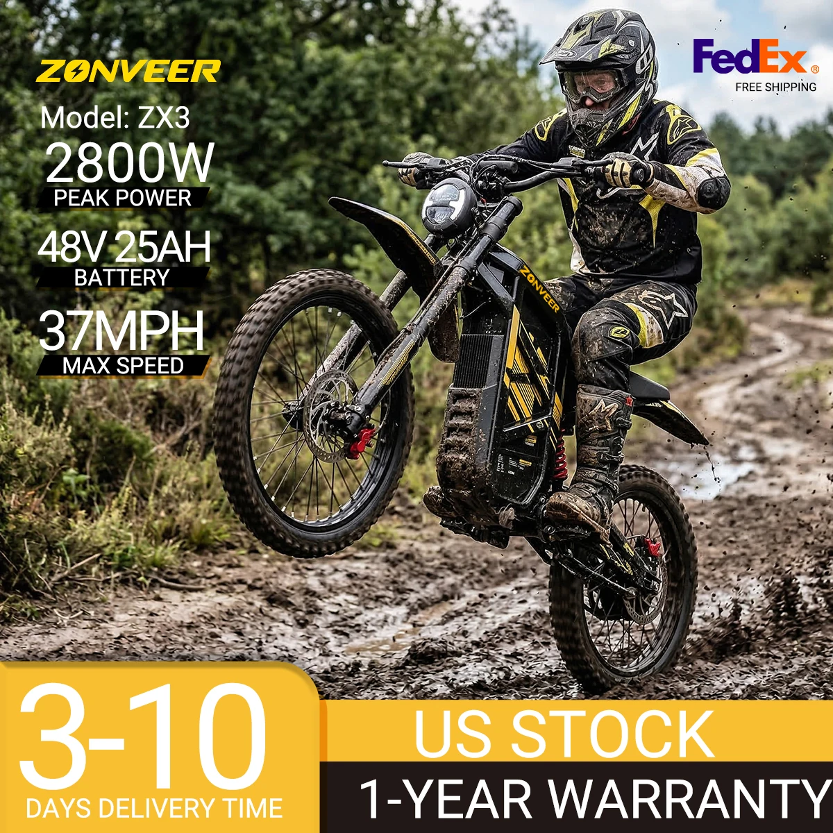 

ZONVEER ZX3 2800W Peak Electric Dirt Bike 48V/25Ah Electric Bike 65Miles Max Range 37Mph Max Speed Mountain Electric Motorcycle