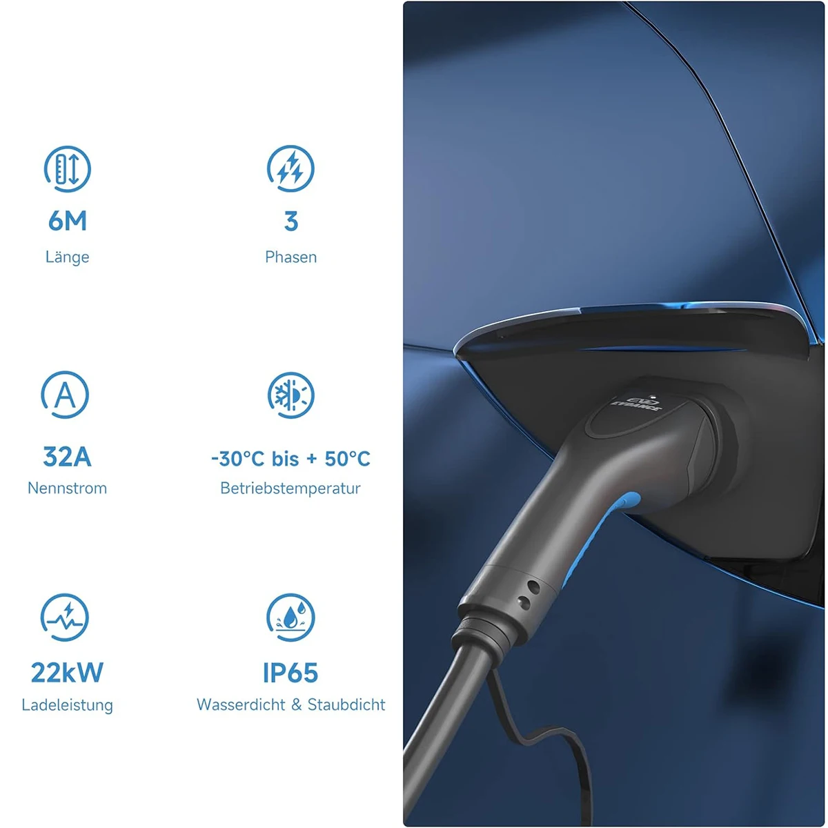 EVDANCE Portable EV Charging Extension Cable 3Phase 22Kw Type2 to Type2 Female To Male Plug Compatible All IEC62196 Chargers