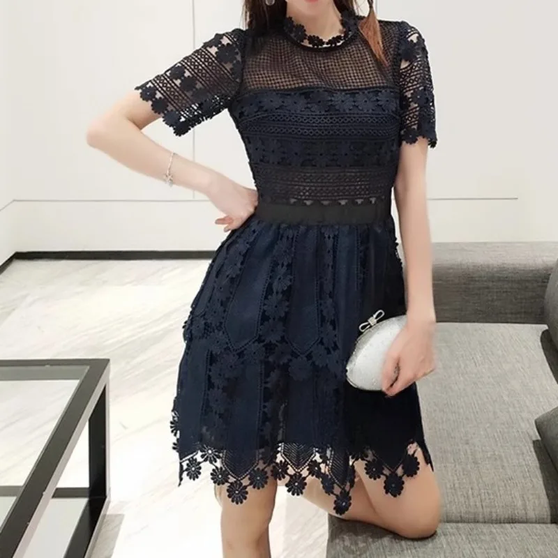 

Dark Blue Lace Dress Bodycon Women Summer Short Sleeve Hollow Out Mini Dress Female Luxury Design Evening Party Clothing Lady