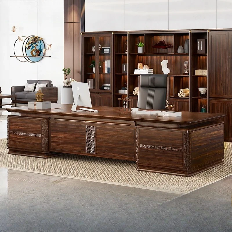 Solid Wood Executive Desk Chinese Style Carved Office Table Large Heavy Duty Workstation for Manager Home Office