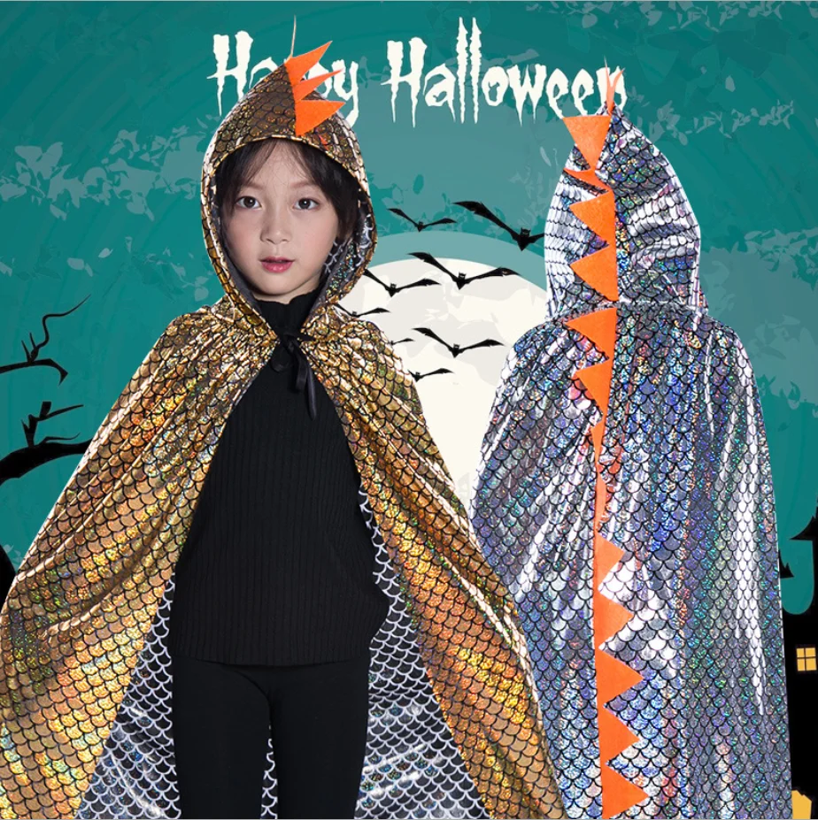 Capa de dinosaurio con lentejuelas para niños, disfraz de Halloween, capa con capucha para fiesta, Festival, Carnaval