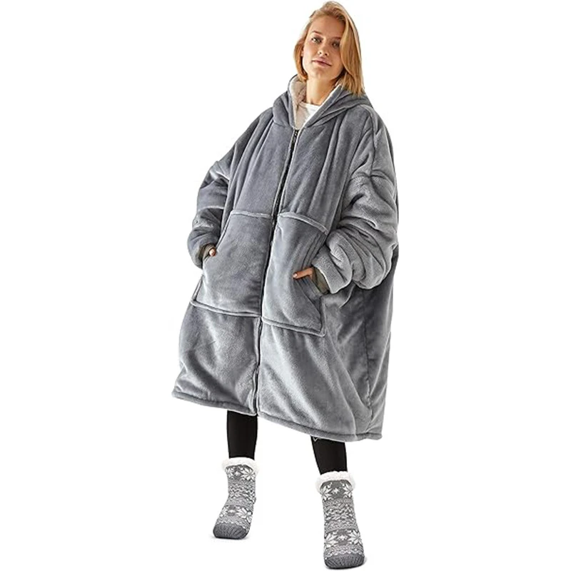 Zipper Design Lazy Blanket Warm Hooded Pajamas Lamb Fleece Wearable Blanket Loose Thick TV Coat