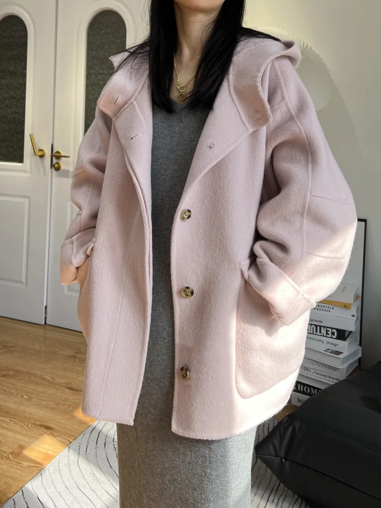 

High-end Causal Hooded Short Double-sided Wool Cashmere Coat Women Fashion Single Breasted Wool Coat Cape Tweed Jacket Winter