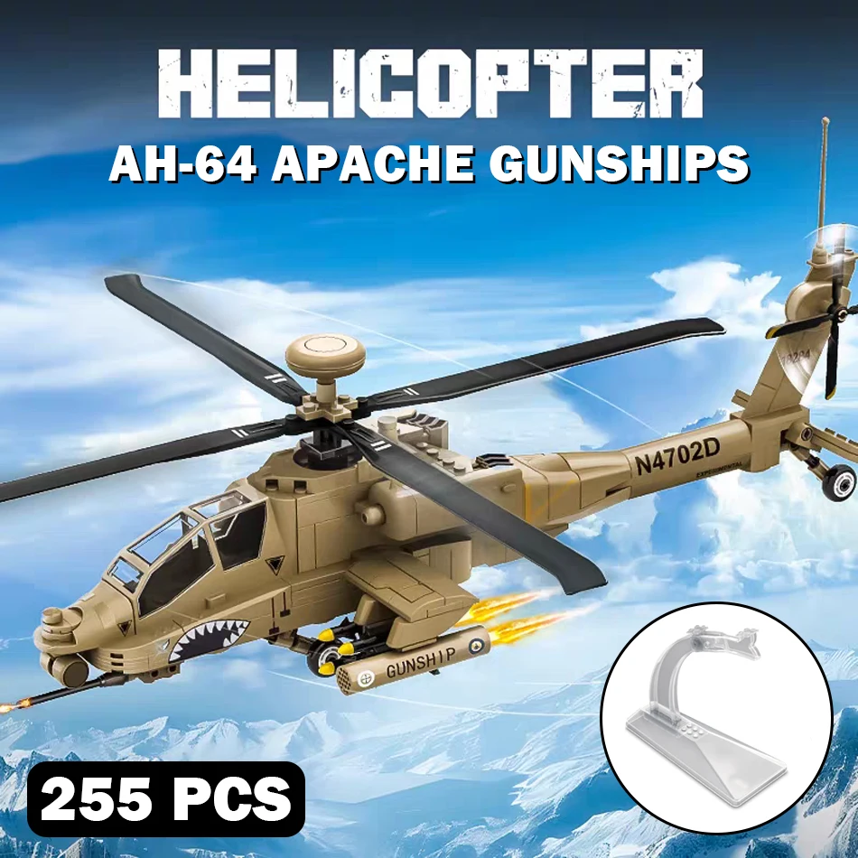 MOC US Army Military WW2 Air Force AH-64 Apache Gunships Model Building Blocks Helicopters Display Base Bricks Toy for Kids Gift