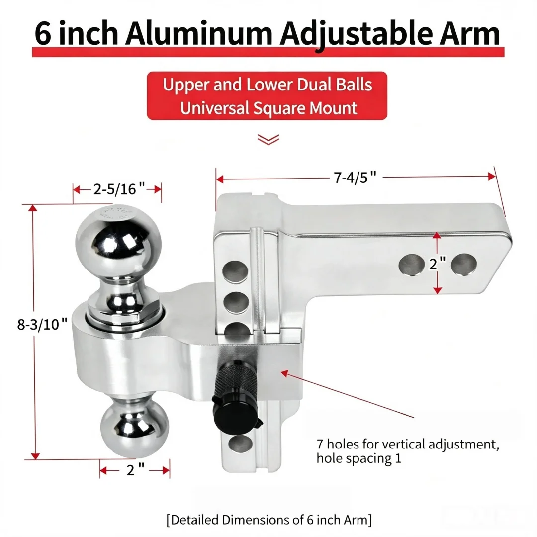 2 Inch Square Receiver Adjustable Drop/Rise Trailer Hitch Aluminum Dual Ball Tow Bar Heavy Duty Car RV Trailer Towing Hook