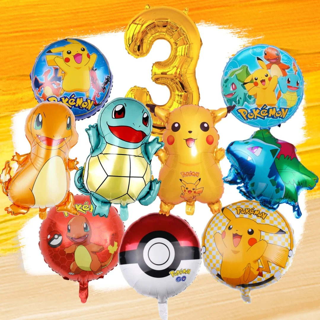 Juego de globos de Pokémon de 10 piezas, globos de Pokémon de Pikachu, globos con números dorados y azules de 32 pulgadas para niños, decoración para fiesta de cumpleaños de 1 a 9 años