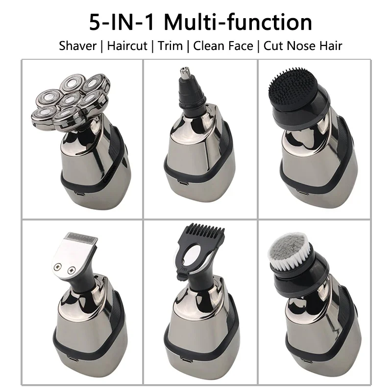เครื่องโกนหนวดไฟฟ้าแบบชาร์จไฟได้สำหรับผู้ชาย5ใน1 4D เครื่องโกนหนวดไฟฟ้าแบบใบมีดโกนหนวด7แบบลอยเครื่องเล็มขนจมูกเคราทำความสะอาดใบหน้าของผู้ชาย