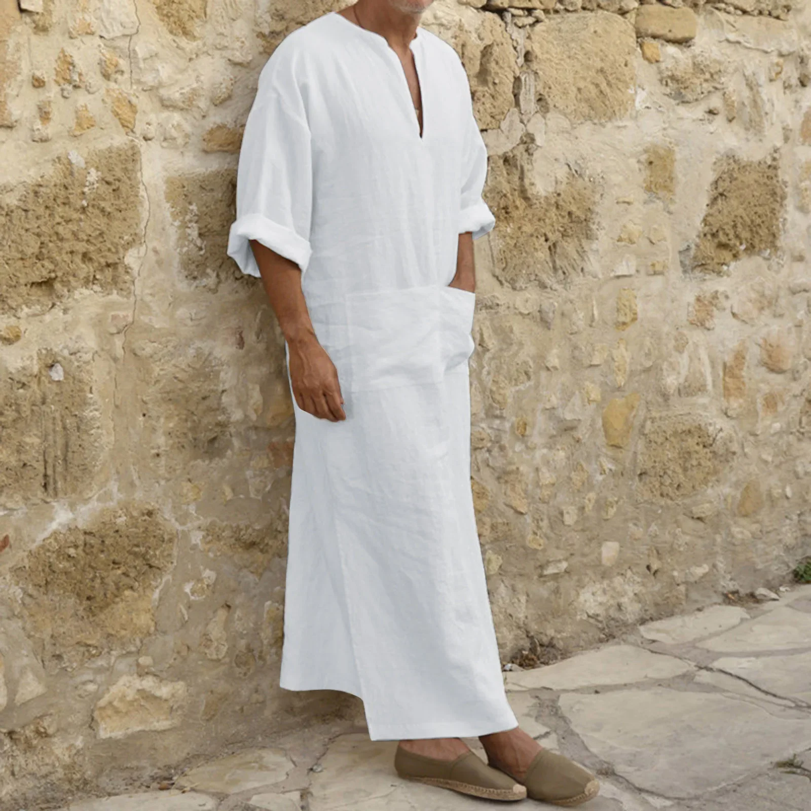 Robe de Style Musulman pour Homme, Simple, Solide, Assressentiavec Tout, Petit Col en V, Lin Jubba, Thobe Confortable à Manches Courtes, Nouvelle Collection