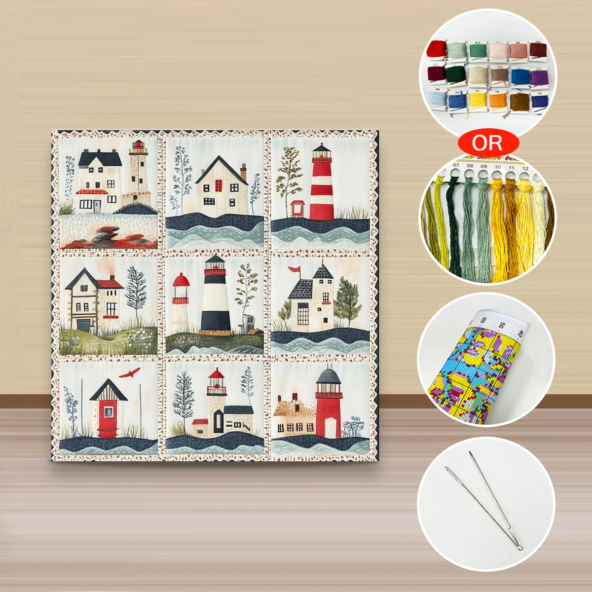 1 Stück 40x40 cm/15,74 Zoll, 11Ct/14Ct Kreuzstich-Set, DIY Valentinstagsgeschenk, Stickerei-Set für Festlichkeiten, Leuchtturm-Quilt – Detail 2