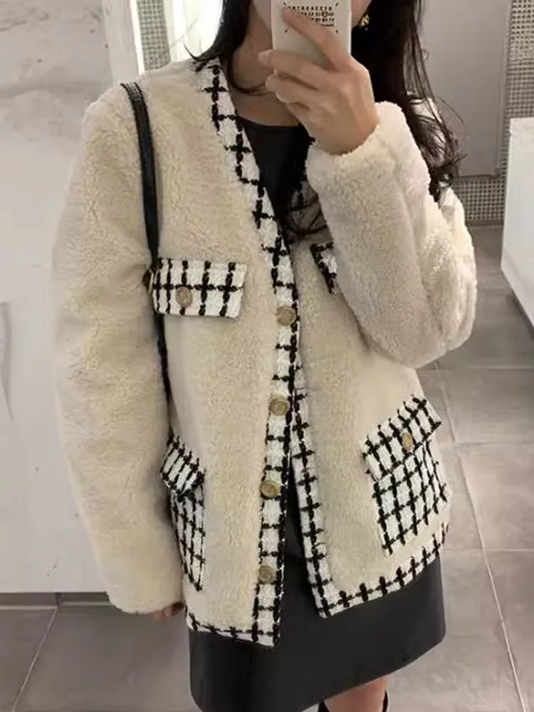 Lamb Velvet Jacket Women's Autumn Winter V-neck Design Unique Warm Outerwear Top Commute Style Loose Fit Splice Long Sleeve
