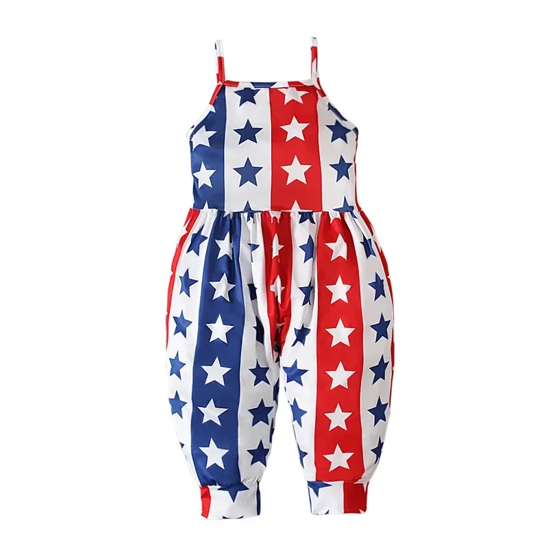 1-6 Years Kids Girls Jumpsuits Playsuits One-pieces Bodysuits Star Printed Independence Day Costume Vintage Casual Haren Pants