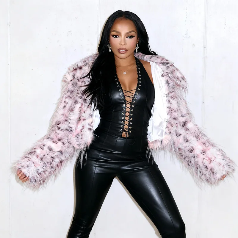 

Pink Leopard Faux Fur Coat Women Fashion Luxury Turn Down Collar Long Sleeve Open Stitch Warm Thick Slim Furry Jacket Outerwear