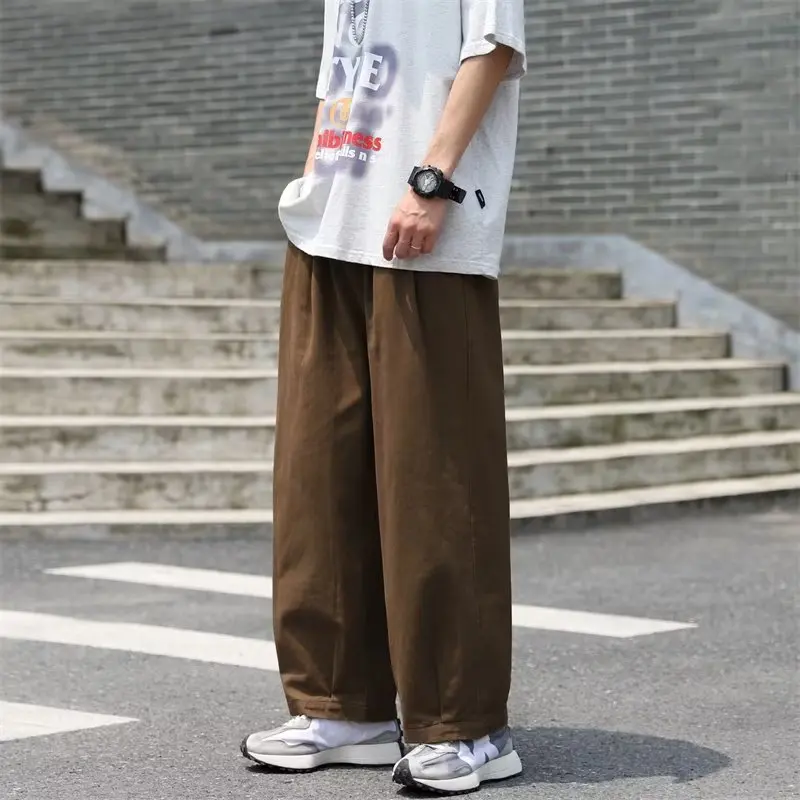 Cafe Brown Wide Leg Straight Cut Men's Casual Pants Loose Fit American Retro Trendy Workwear Long Trousers Autumn Season