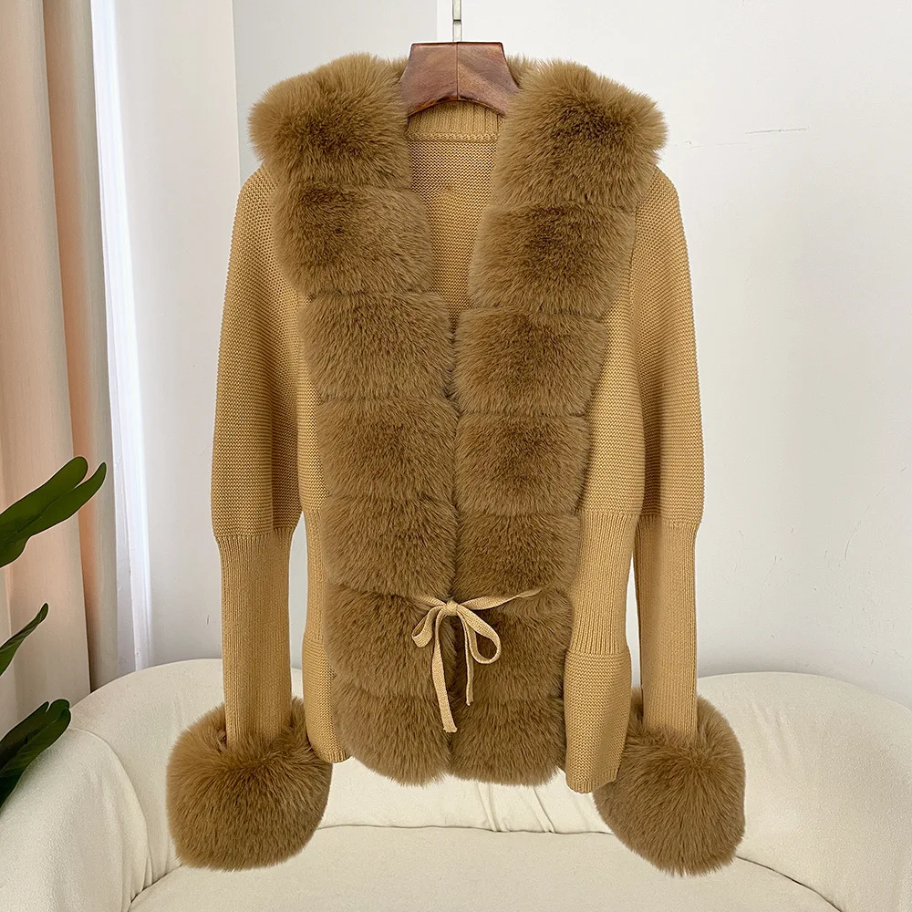 Women Faux Fur Knit Sweater Cardigan Spring Autumn Elegant Knitted Sweater with Faux Fox Fur Collar Ladies Fashion Coat Fur Coat