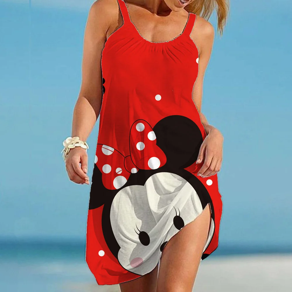

Disney cartoon Mickey Minnie 3D printing summer cartoon dress 2025 women backless suspender skirt cute sexy street wear