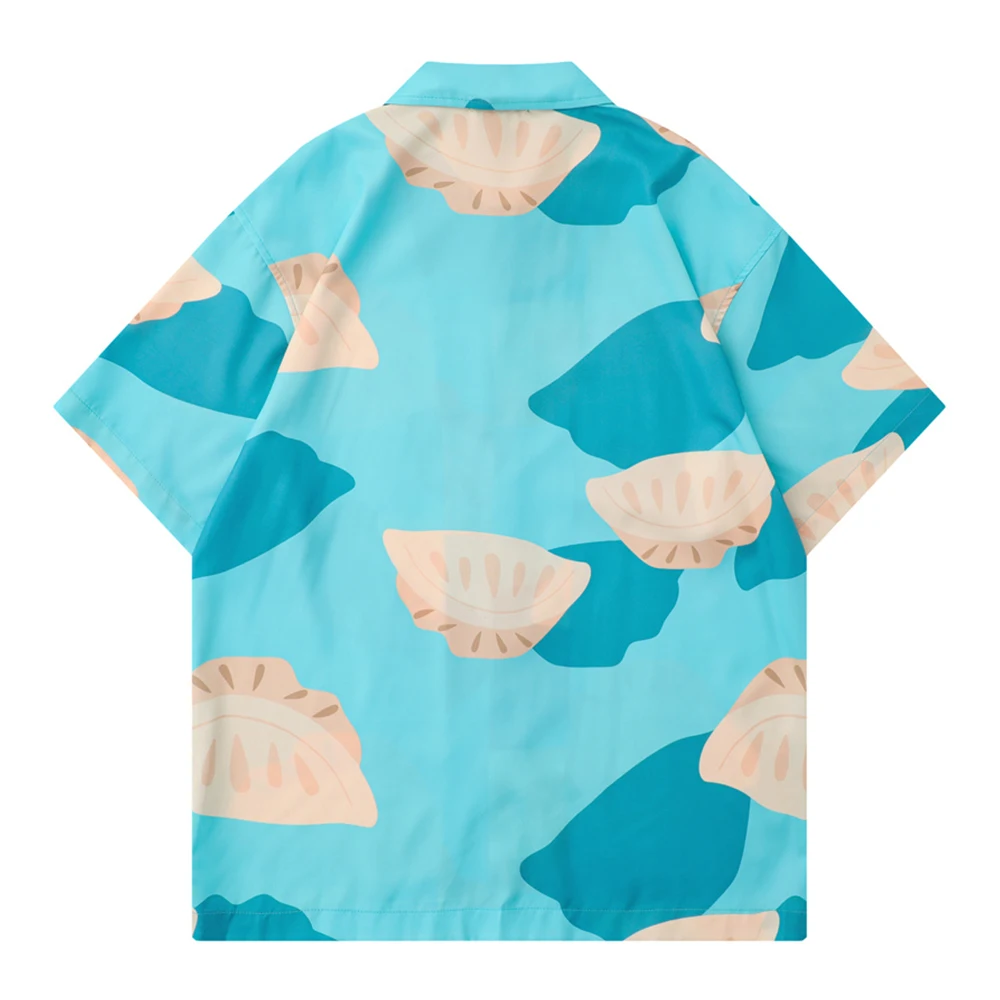Camisa havaiana estampada completa de bolinho masculino, gola virada para baixo, azul, vermelho, verão