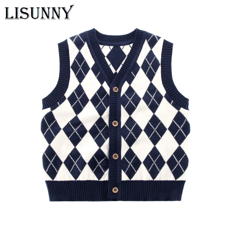 2024 Autumn Spring  Kids Boy Sweater Vest Children Clothing Plaid Coat Baby Cotton thick top Boys Cardigan Vest jumper 1-11y