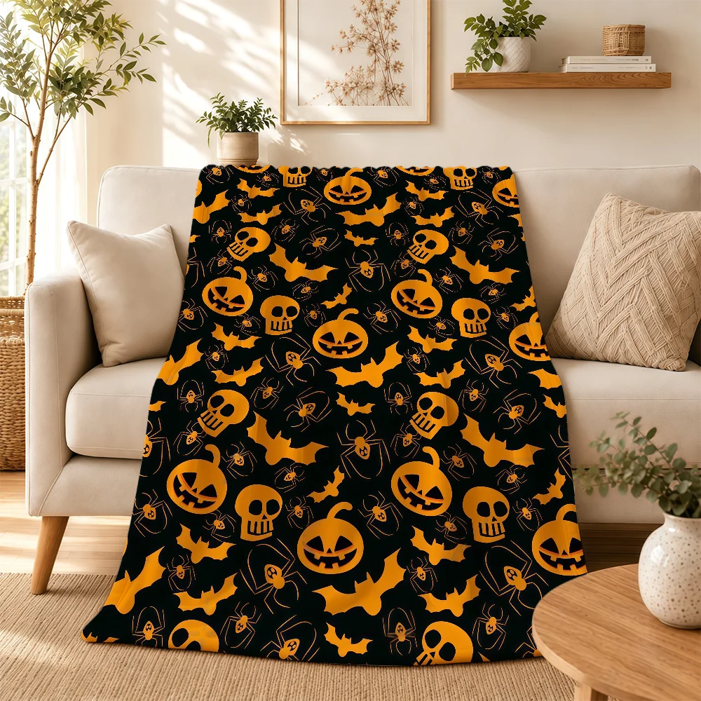 Halloween Cat Pumpkin Witch Ghost Bat Blanket For Soft Warm Knee For Bedroom Living Room Bed Sofa Camping Picnic Office Gift
