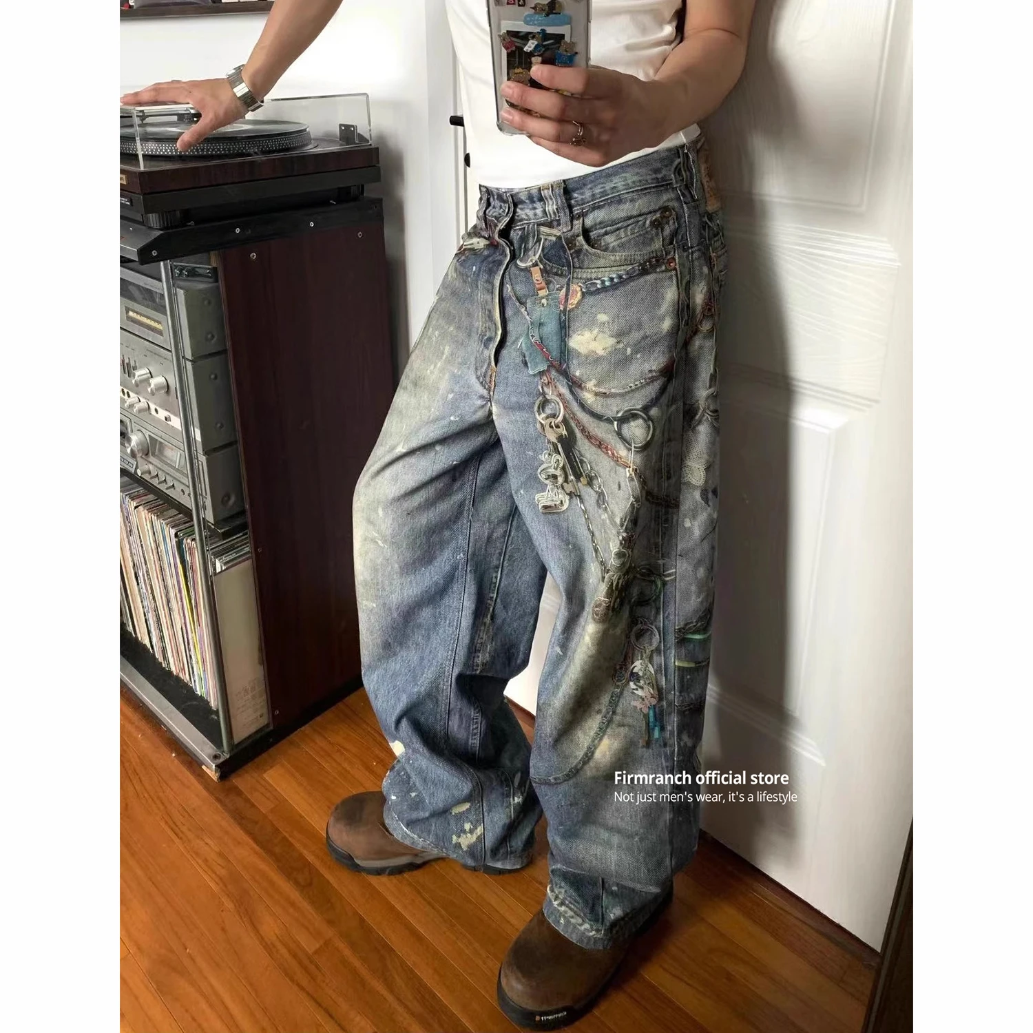 Firmranch NEW 2024 Jewelry Pendant Digital Print Baggy Jeans For Men Women Couple's Denim Pants High Street Style Wide Trousers