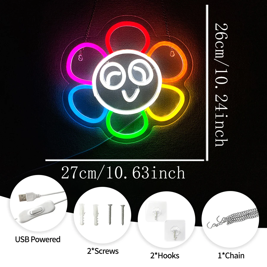 Sunflower Neon Sign,Rainbow Flower LED Neon Light for Wall Decor,Smile Face Light for Bedroom Party Kids Room Christmas Gifts