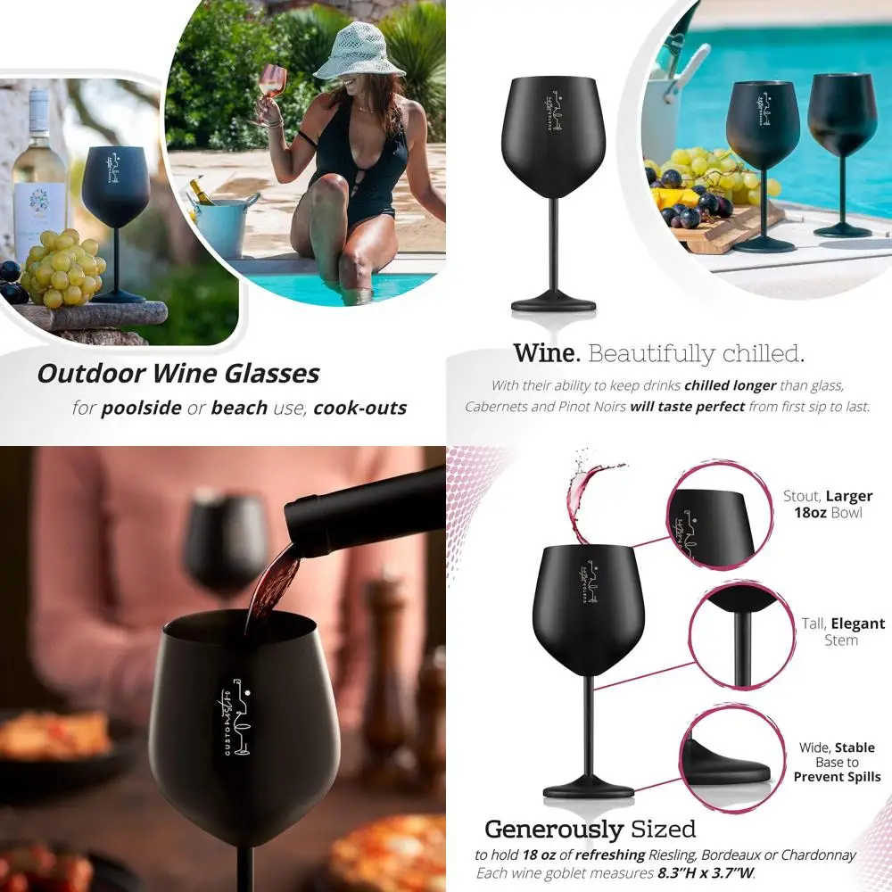 

Прочные черные стаканы для вина из нержавеющей стали (18 унций) для использования на открытом воздухе, путешествий, кемпинга и вечеринок у бассейна (набор из 2 шт.)