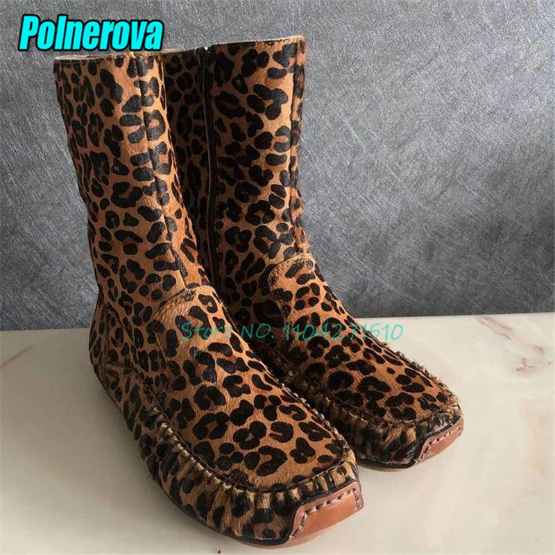 Leopard Print Horsehair Square Toe Short Boots Autumn Winter Retro Fashion Inside Plush Genuine Leather Side Zipper Flat Boots