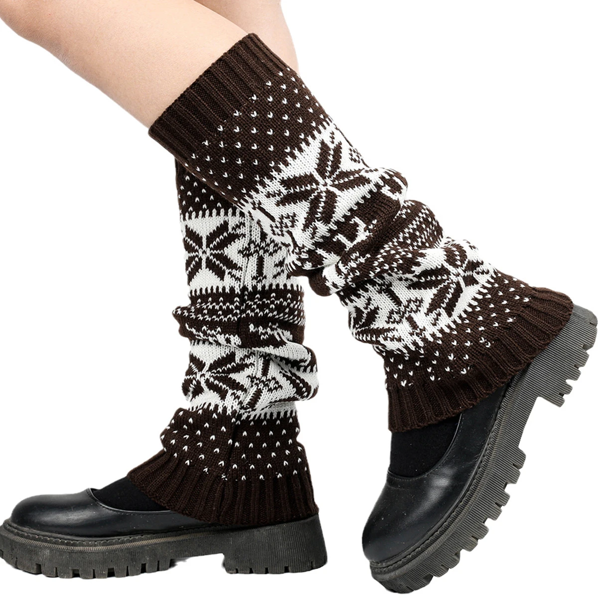 Scaldamuscoli natalizi da donna Fiocco di neve Autunno Inverno Stile folk Leggings caldi Calzini per stivali lavorati a maglia al ginocchio Scaldamuscoli