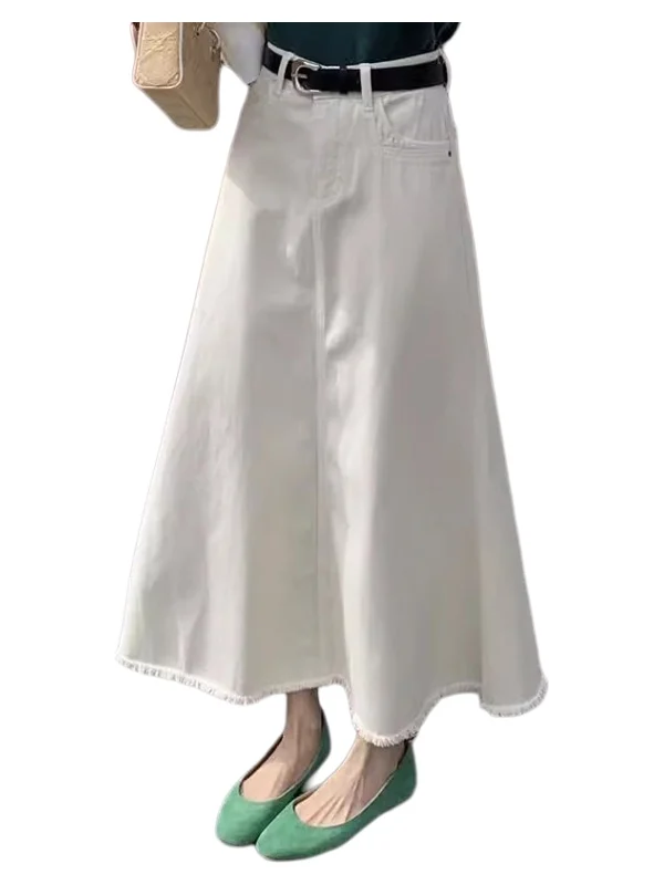 Taille haute a-ligne Fi queue jupe femme Denim jupe Midi avec ourlet effiloché trajet Sle été Faion grande taille