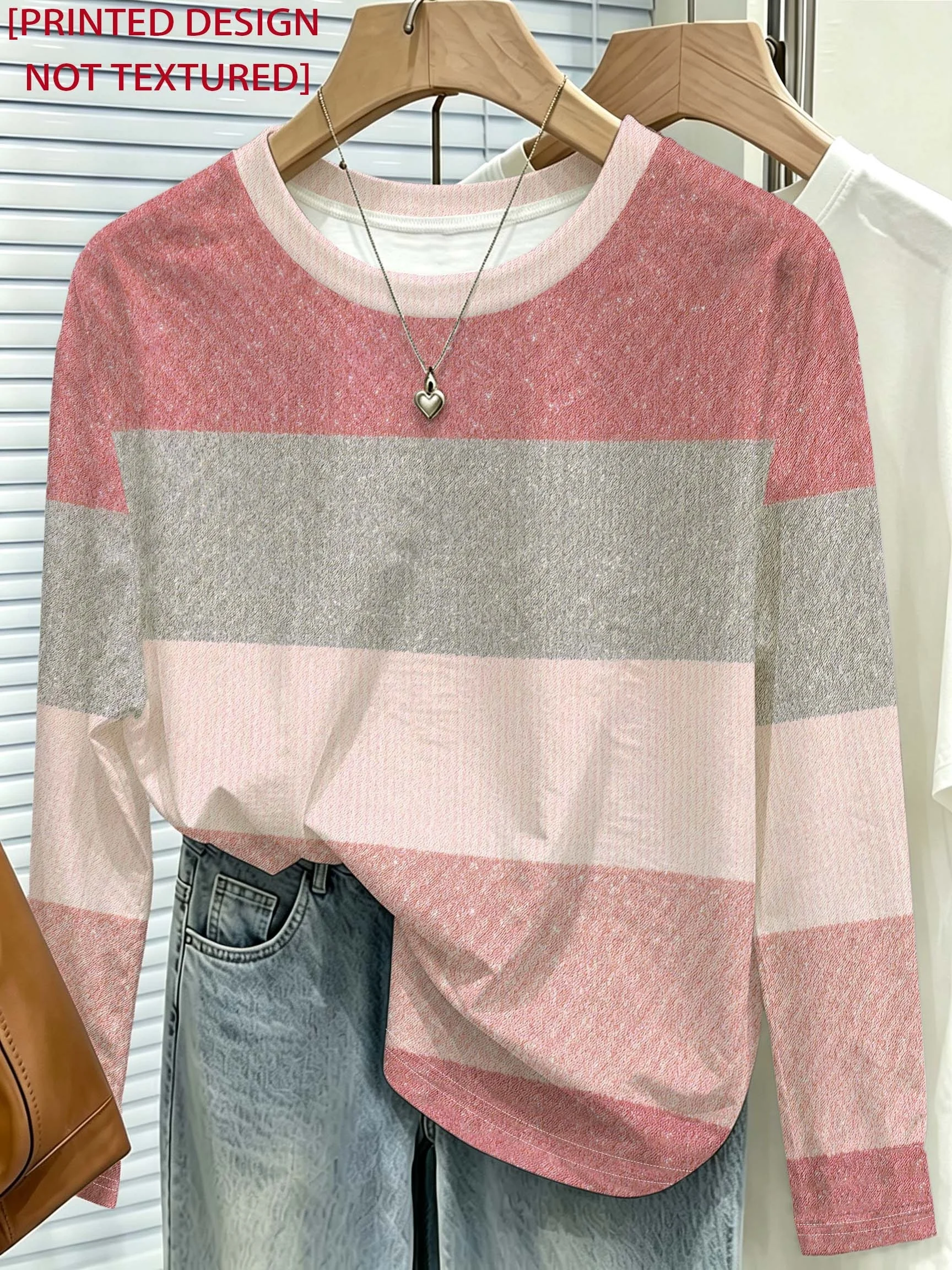 Women Long Sleeve T Shirt Color Block Geometric Print Round Neck Retro Casual Autumn Top Women's Clothes