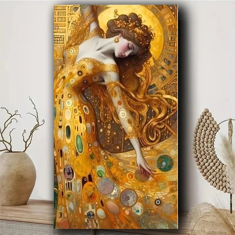 Vibrant Golden Klimt gaze Woman 5D DIY Diamond Art Painting Kit Full Round Mosaic Craft Kit with portrait Home Decor