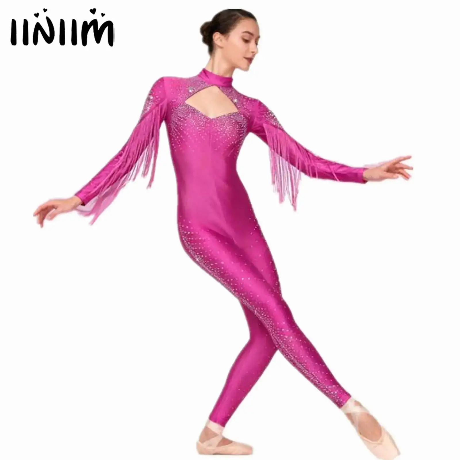 إمرأة الجمباز الفني الشكل التزلج زي الباليه الرقص Unitards بذلة لامعة حجر الراين شرابة ارتداءها السروال القصير