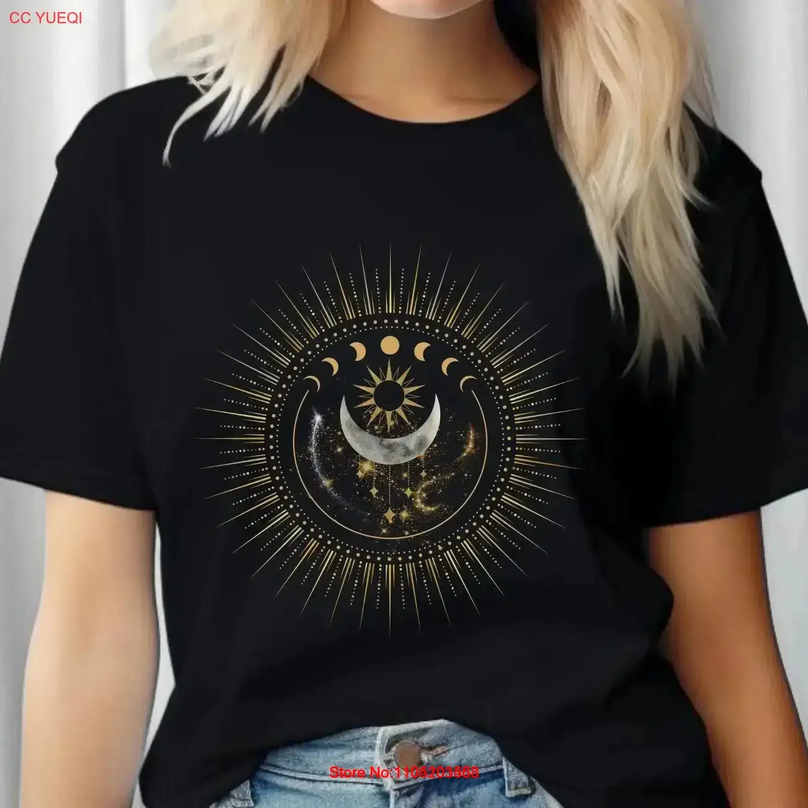 الشمس القمر السماوية تي شيرت اطلاق النار ستار غالاكسي بوهو الهندسة بريق البريق الذهب ماجيك الغبار العلوي علم الفلك باطني للنساء #1