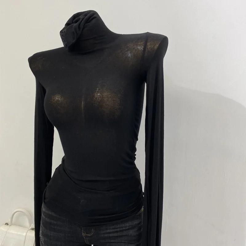 Dünnes, weiches amerikanisches Langarm-T-Shirt mit hohem gestapeltem Ausschnitt, enge Perspektive, Unterhemd für Damen, Slim-Fit-Tops, sexy Streetwear – Detail 4