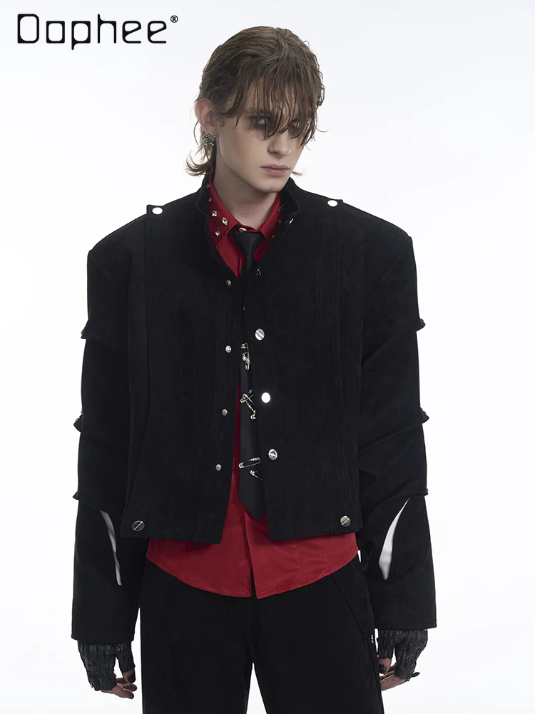 

2025 Spring and Autumn New Hot-Selling Men's Suede Black Wrinkled Deconstructed Design Jacket High-Waisted Slim-Fit Pants