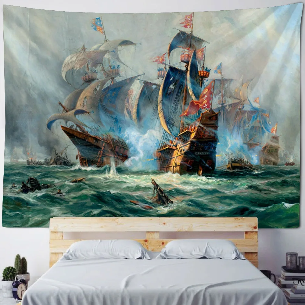 Pirate Ship Oil Painting Tapestry Retro Sea View Printed Wall Hanging Bohemian Hippies Hanging Cloth Dormitory Home Decoration