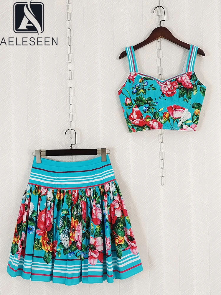 

AELESEEN High Quality 100% Cotton Set Women Sicilian Summer Spaghetti Strap Blue Flower Print Crop Top + Mini Skirt Striped Set