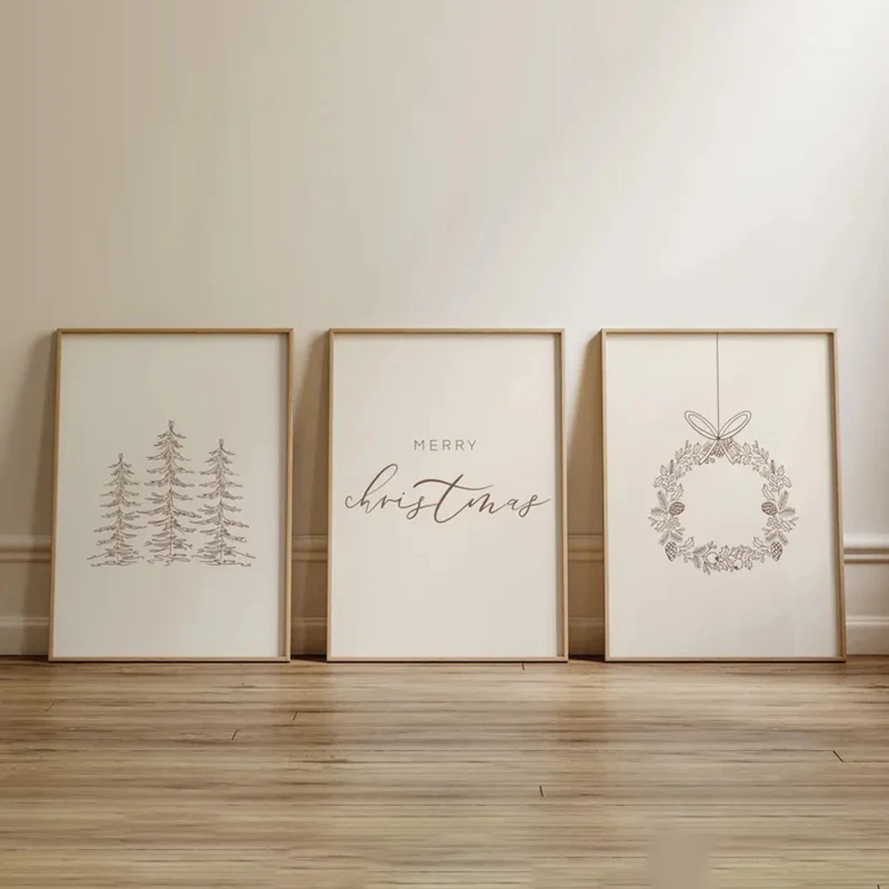 مجموعة بسيطة مكونة من 3 طباعة عيد الميلاد بدون إطار من القماش لمجموعة معرض الفنون الجدارية لعيد الميلاد المجيد. مطبوعات عيد الميلاد لديكور المنزل