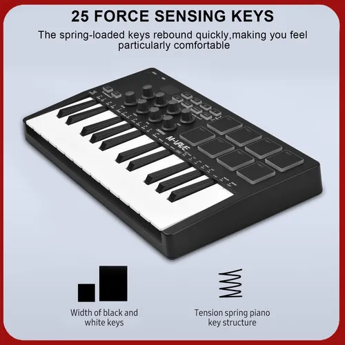 Teclado de Control MIDI de 25 teclas, Mini teclado USB portátil, controlador MIDI con 25 teclas sensibles a la velocidad, 8 almohadillas retroiluminadas RGB