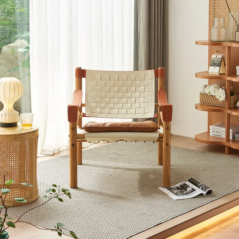 Italian minimalist saddle leather sofa chair, office home light luxury homestay solid wood leisure recliner