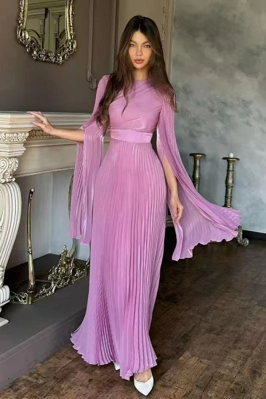 High End Fashion Women Pink Party Dress Elegant Flying Sleeve O Neck High Waist Pleated Maxi Long Clebrity Evening Party Gowns