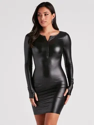 Women Matte Leather Long Sleeve Mini Pencil Dresses Ladies Elegant PU Bodycon Stretch Dress Female Sexy Slim Clothing Clubwear