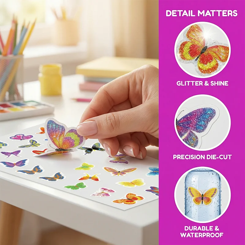 MOTARRO Glitter Stickers 80x160mm, Butterfly Design Glittery Decals, DIY Scrapbooking Album Decor Stationery Supplies